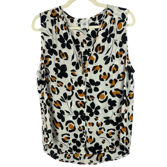 CAbi Cavort Black White Orange Sleeveless Bold Floral Large Blouse - Picture 2 of 8